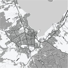 Obraz premium Map of Rotorua in New Zealand in grayscale. Contains layered vector with roads water, parks, etc.