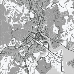 Map of Whangarei in New Zealand in grayscale. Contains layered vector with roads water, parks, etc.