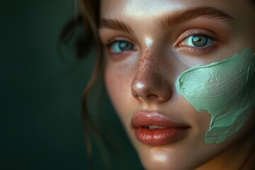 Beautiful woman applies light green cream on her face in a beauty studio, focusing on the eyes and nose. The soft, blurred skin creates a dreamy atmosphere against the dark background.