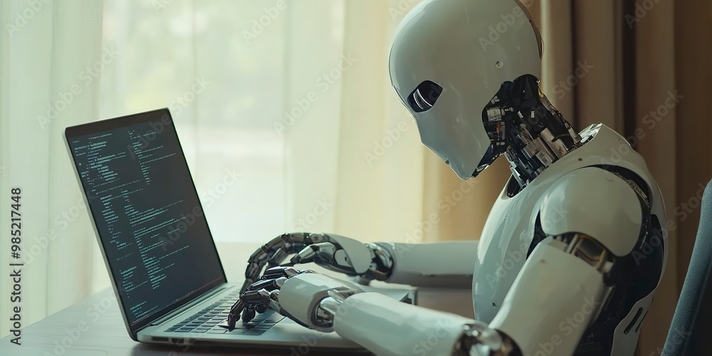 Poster robot working with laptop computer. artificial intelligence concept
