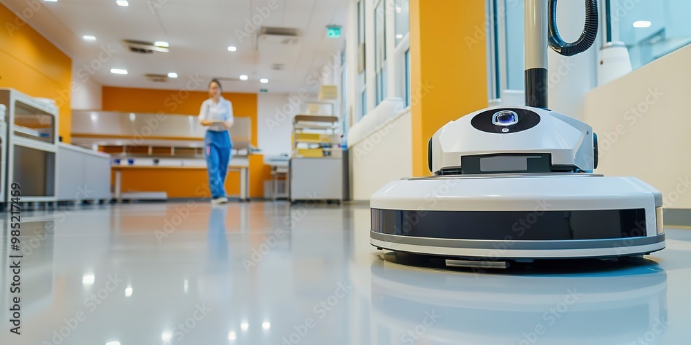 Poster robot polishing hard floor with high speed polishing machine while other cleaner cleans canteen in t