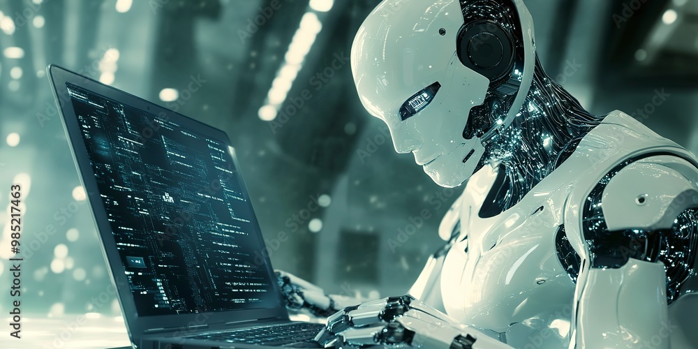 Poster robot working with laptop computer. artificial intelligence concept