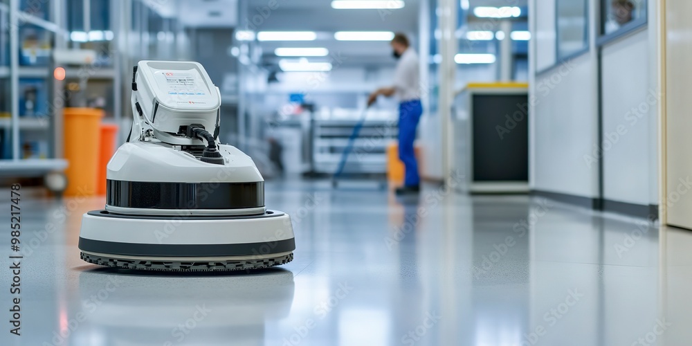 Poster robot polishing hard floor with high speed polishing machine while other cleaner cleans canteen in t