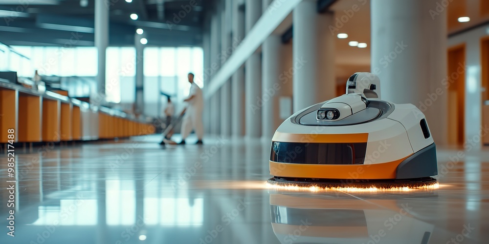 Poster robot polishing hard floor with high speed polishing machine while other cleaner cleans canteen in t