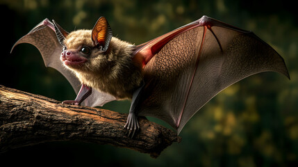 Obraz premium Close-Up Photography of a Brown Bat with Spread Wings on Branch