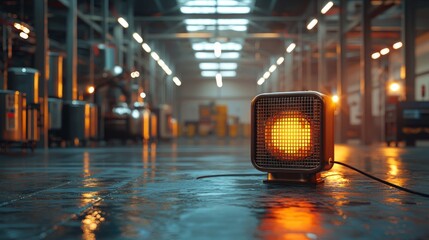Portable heater in the middle of a large empty warehouse