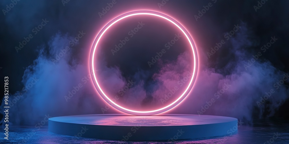 Poster Podium background 3D light tech stage future platform game abstract. Podium 3D background technology room product circle glow effect portal stand studio scene white design ring modern display space.