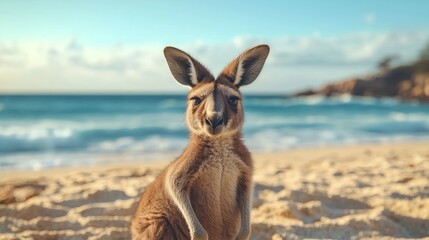 Kangaroo standing on a sandy beach with the ocean in the background