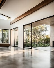 Modern minimalistic living room interior with large windows, natural light, and wooden accents, overlooking a serene garden view.