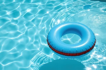 Inflatable ring floats on clear blue water in swimming pool on sunny day. Space for copy on top. Fun, refreshing leisure activity for summer holiday. Relaxing, enjoyable experience at resort or hotel.