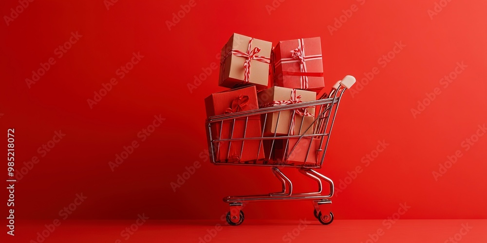 Poster packages in a shopping cart on a simple red background