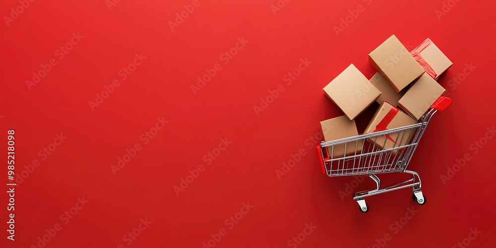 Poster packages in a shopping cart on a simple red background