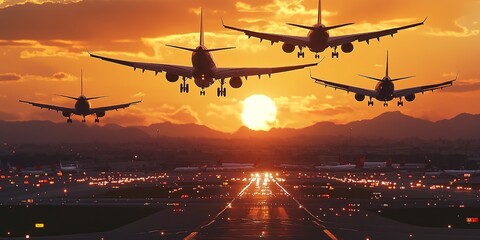Passenger planes and huge cargo airplanes take off, up over the take-off runway from the airport at sunset 