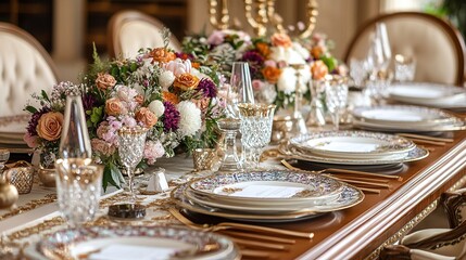 A beautifully arranged dining table featuring elegant floral centerpieces, fine china, and sparkling glassware, perfect for a luxurious gathering.