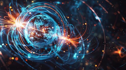 Explosive Cosmic Sphere with Glowing Rays and Fiery Particles in Abstract Space Background