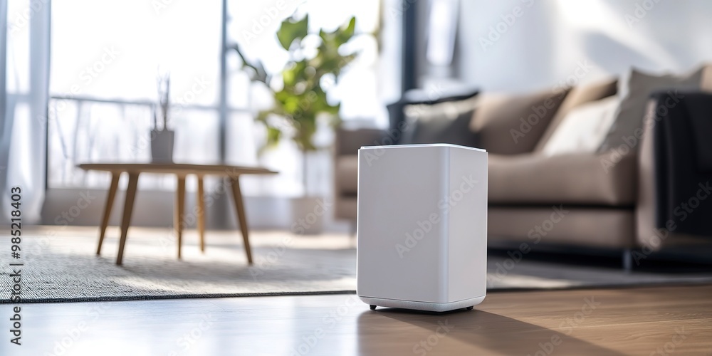 Sticker modern sleek and minimalist white air purifier on the floor in a living room, healthy home 