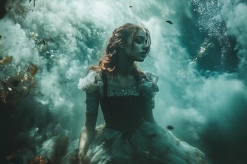 Ethereal woman in white dress with flowing blonde hair in underwater scene with green smoke and bubbles