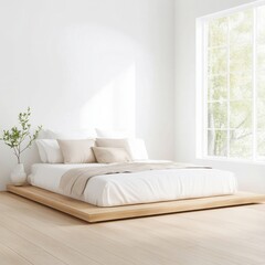 Minimalistic bedroom with a cozy platform bed, large windows, and natural lighting creating a peaceful and serene ambiance.