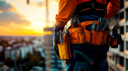 Construction Worker With Tool Belt Standing On Building Rooftop At Sunset - Realistic Image