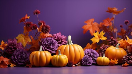 3D style pumpkins and autumn fruits on purple background