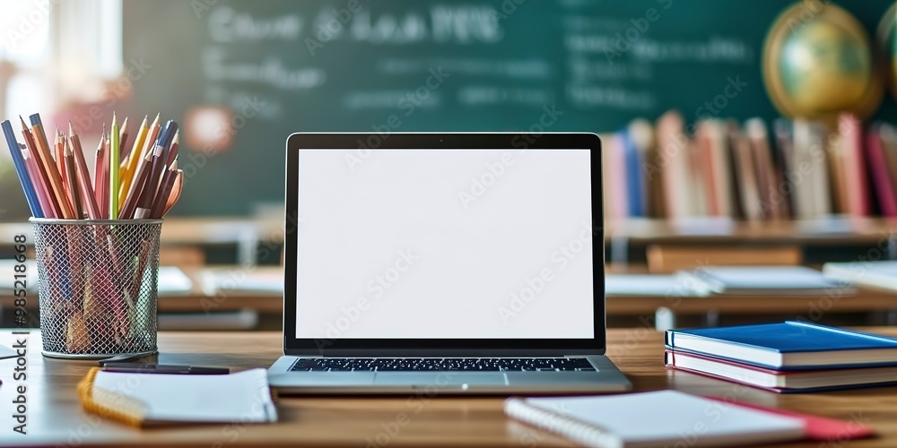 Poster mockup image of laptop with blank transparent screen, on the table by the notebooks and textbooks in