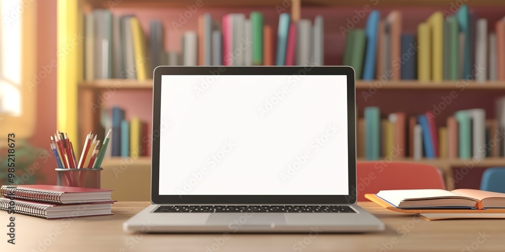 Poster mockup image of laptop with blank transparent screen, on the table by the notebooks and textbooks in