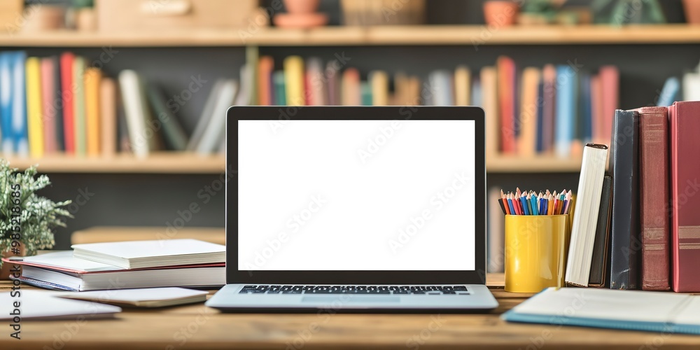 Poster mockup image of laptop with blank transparent screen, on the table by the notebooks and textbooks in