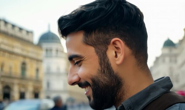Turkish Man Smiling While Using Mobile Phone in Paris