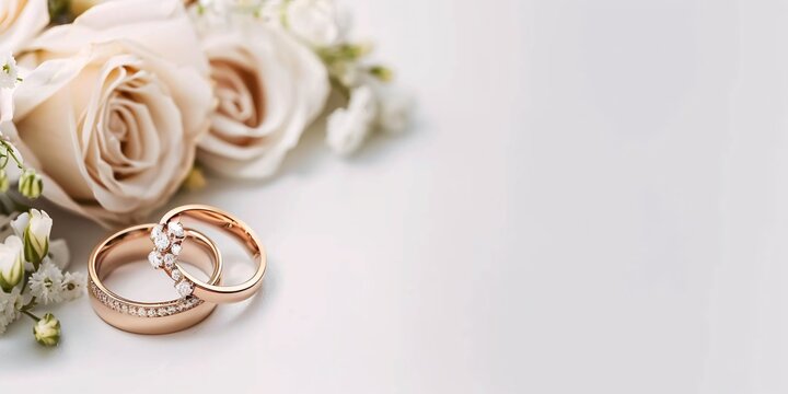 Elegant wedding invitation card with beige flowers and golden rings