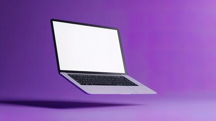 Laptop with a Blank Screen Floating in Purple Space