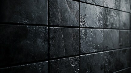 Naklejka premium Black Square Tiles Wall with Uneven Surface Texture