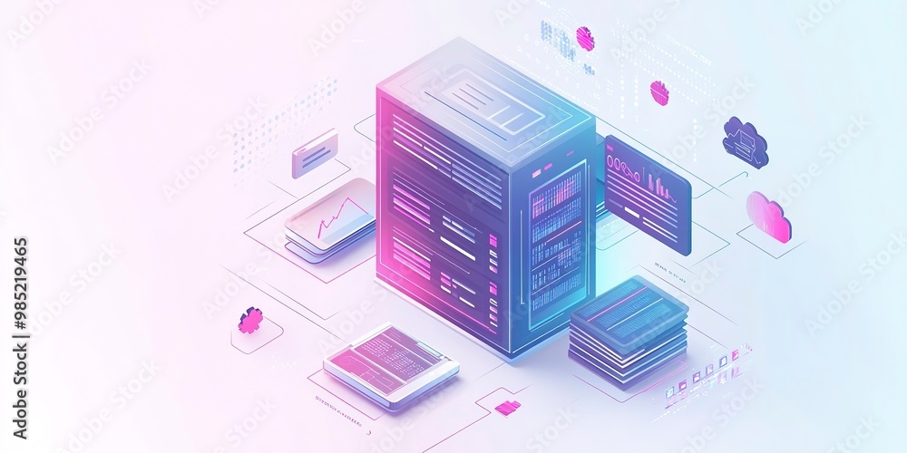 Canvas Prints Isometric landing page for data classification, system of electronic databases in businesses. Colorful dots and files grouped by relevant categories. 3d Modern web banner. 