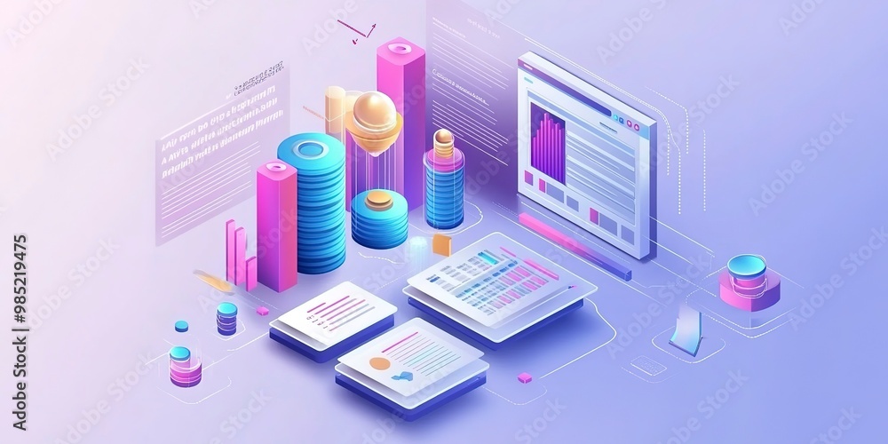 Poster isometric landing page for data classification, system of electronic databases in businesses. colorf