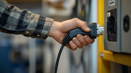 Person Plugging in Electric Vehicle Charging Cable