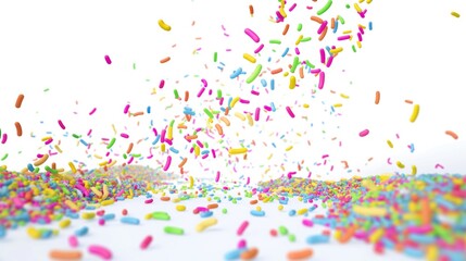 Fototapeta premium Flying sprinkles in 3D illustration on white background. Colourful shapes, abstract design, modern style, graphic element, decoration, birthday theme, social media post, creative banner, card, print,