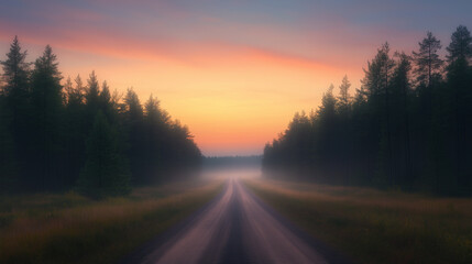 A serene landscape featuring misty road surrounded by tall trees at dawn, with soft pastel colors illuminating sky. tranquil atmosphere evokes sense of peace and solitude.