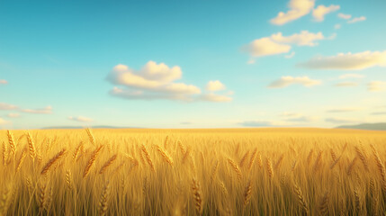 Obraz premium Golden wheat field under clear blue sky with fluffy clouds, creating serene and peaceful landscape. warm sunlight enhances beauty of wheat, inviting sense of tranquility.
