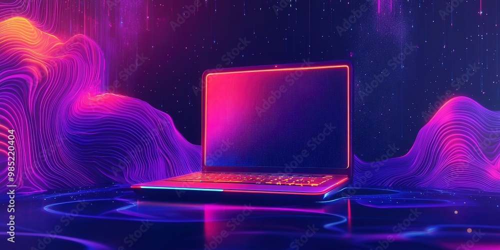 Canvas Prints Futuristic illustration about technology with a laptop in neon colors. 