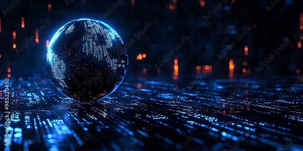 Aufkleber futuristic cyber tech background digital data globe on black floor with glowing binary lines, modern