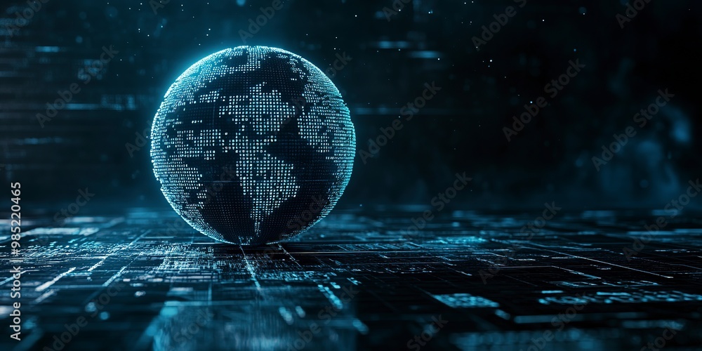 Aufkleber futuristic cyber tech background digital data globe on black floor with glowing binary lines, modern