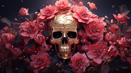 Abstract, surreal, elegant skull with pink roses.Digital art