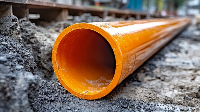 Large orange pipe lying on the ground at a construction site