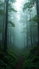 Fototapeta premium Serene Forest Path Shrouded in Mist and Greenery Phone wallpaper