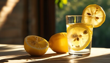 Refreshing lemonade with lemon slice and whole lemon on sunlit table