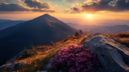 Mountain Sunset with Purple Flowers