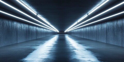 Fototapeta premium Empty dark underground tunnel, garage, corridor, warehouse with cement floor, asphalt, slab. LED lighting, neon lamps 