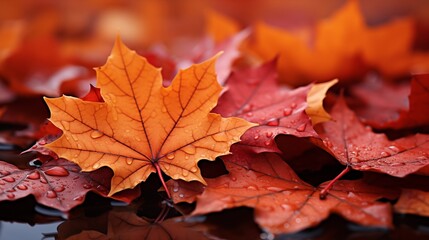 Autumn forest maple leaves fall on ground, background wallpaper