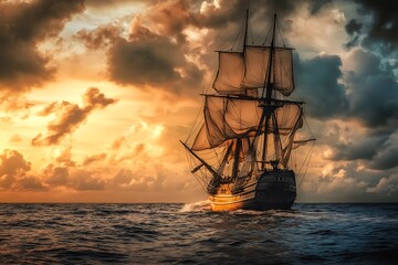 Sailing Ship at Sunset with Dramatic Clouds