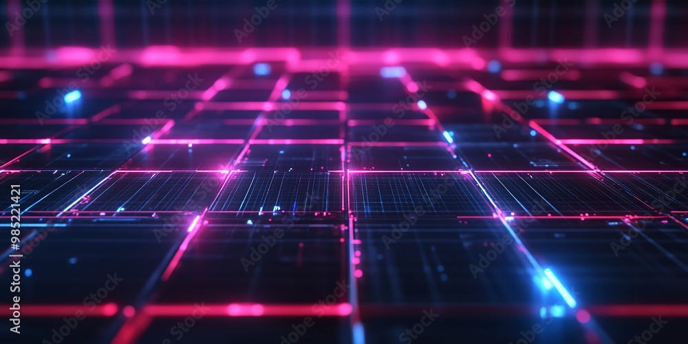 Poster dark grid abstract background with minimalist tech elements and futuristic hub connections, softly g