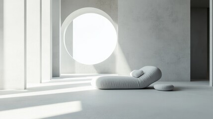A white, modern chaise lounge in a minimalist interior with a large circular window and natural light streaming through.